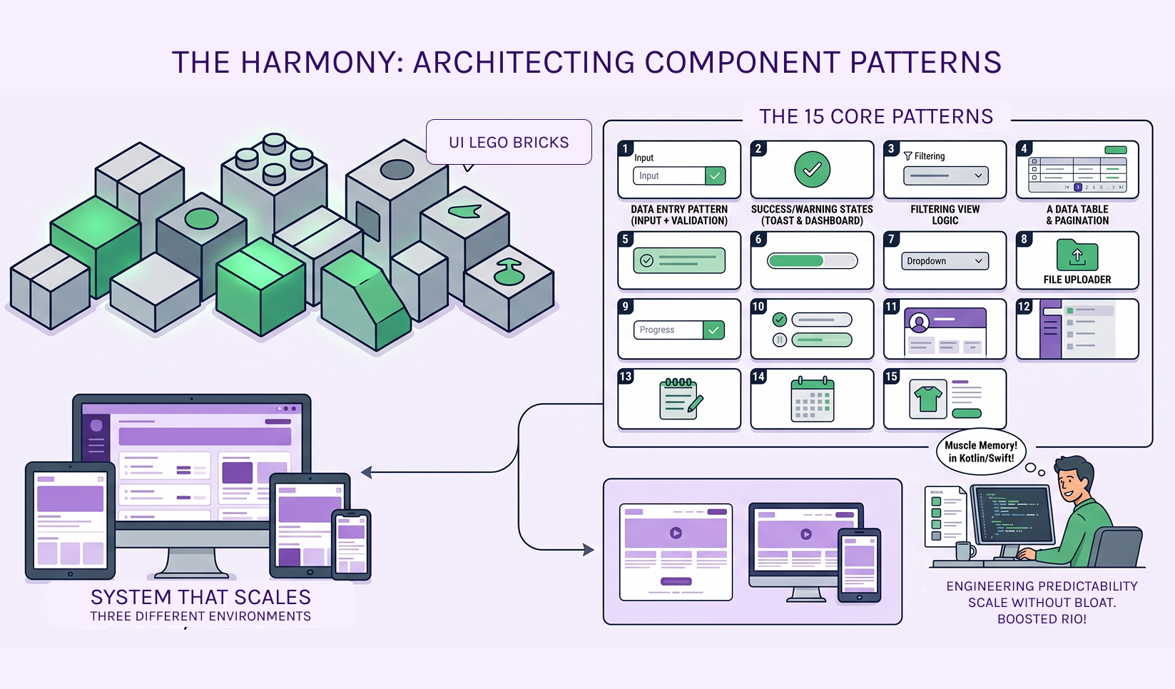 An illustration titled 'THE HARMONY: ARCHITECTING COMPONENT PATTERNS' from the provided graphic. The top-left features a neat, organized pile of interlocking blue, green, and white isometric blocks, visually representing modular components with a 'UI LEGO BRICKS' caption. Next to it is a clean, numbered 3x4 grid labeled 'THE 15 CORE PATTERNS', showcasing specific component examples like 'DATA ENTRY PATTERN (INPUT + VALIDATION)', 'SUCCESS/WARNING STATES (TOAST & DASHBOARD)', and 'FILTERING VIEW LOGIC'. Below this, a visual grouping of multiple devices—a large desktop monitor, a tablet, and a smartphone—shows a consistent, cohesive application interface, labeled 'SYSTEM THAT SCALES: POWER MULTIPLE, COHESIVE SCREENS'. In the bottom-right, a smiling and confident engineer works efficiently at a clean workstation with multiple monitors, with thought bubbles reading 'Muscle Memory!' and 'Logic already in Kotlin/CSS!'. A final large text block summarizes 'ENGINEERING PREDICTABILITY. SCALE WITHOUT BLOAT. BOOSTED ROI.'